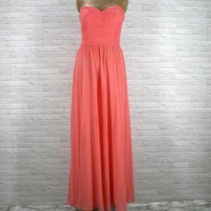 MORI LEE Dress Strapless Lace Chiffon Maxi Wedding Coral #682 Prom Plus Size 14